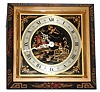 Chelsea Clock Co., Chelsea, Mass., square bronze strut clock with chinoiserie decoration, the designs in red and gold on a black ground, silvered Roman numeral chapter ring signed "Chelsea", silvered hands, 8 days, time only, movement with lever escapement, serial #564648, c1950