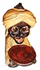 Oswald, Germany, "Sheik" cast composition rotating eye novelty clock, seated dark skinned figure with large earrings and turban, with arms extended and holding a round tray, c1950