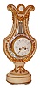 France, lyre clock, white marble case with molded base decorated with gilt trim and floral festoons, the lyre with acanthus, floral garlands, beaded trim, and a large festoon of fruits and flowers, the top with floral wreath, white enamel Arabic numeral dial with polychrome enamel decoration, gilt Louis XV style hands, gilt bezel with convex glass, and a ring of brilliants attached to the knife edge suspended gridiron, which oscillates with the pendulum, 8 days, time and count wheel strike pendule a Paris movement, signed "AD. MOUGIN", counting the hours on a bell and a single blow at the half hour c1870