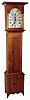 Riley Whiting, Winchester, Conn., tall clock, 30 hours, time, calendar and bell strike, weight driven wooden works movement in a pine case with painted wooden dial, c1825