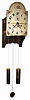 Riley Whiting, Winchester, Conn., movement complete for tall clock, 30 hours, time and strike, wooden works, now on an oak wall mounted bracket with painted wooden dial, c1825