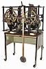 Tower clock, European, three train, time, strike and chime, weight driven movement, smaller or compact size, in painted wrought iron frame, circa 19th century