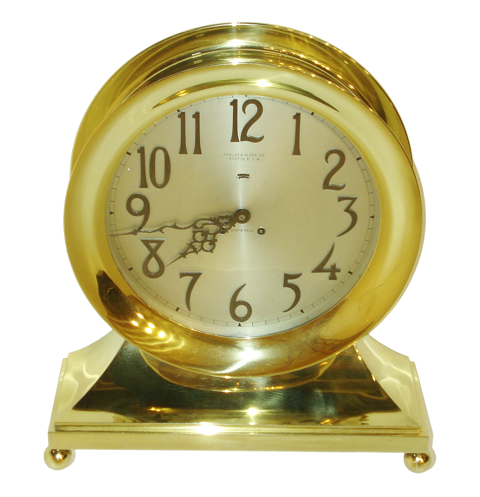 Chelsea Clock Co., Boston, "Base and Ball" model mantel clock with 12" special dial, very heavy polished, cast brass case, silvered Arabic numeral dial and serpentine hands with black finish, 8 days, movement with ships bell striking, originally sold to Bennett &amp; Brooks in 1919 as recorded in the Chelsea account books, serial #132719 — Antique Clocks Price Guide