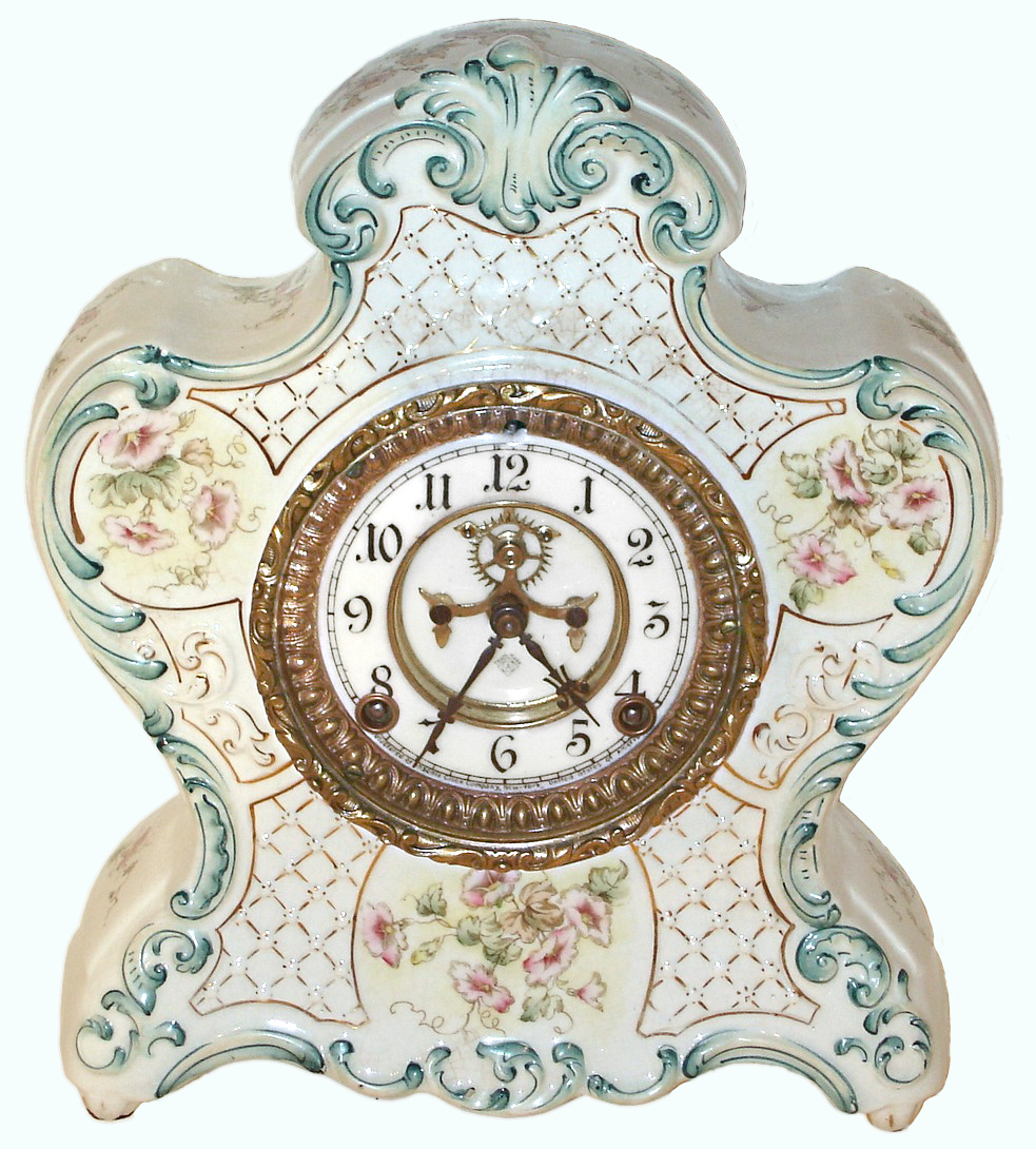Ansonia Clock Co., New York, "Pontiac" 8 days, time and strike, porcelain mantel clock with visible escapement, c — Antique Clocks Price Guide