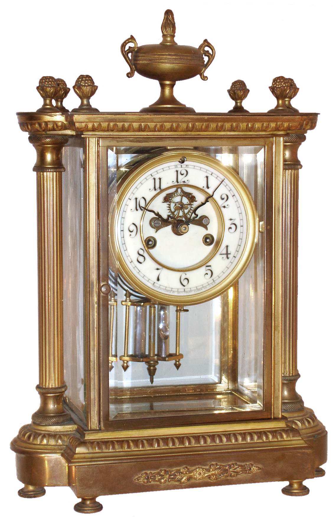 Waterbury Clock Co., Waterbury, Conn., "Sevres" 8 days, time and strike, gilt brass and beveled glass crystal regulator, visible escapement, c1908 — Antique Clocks Price Guide