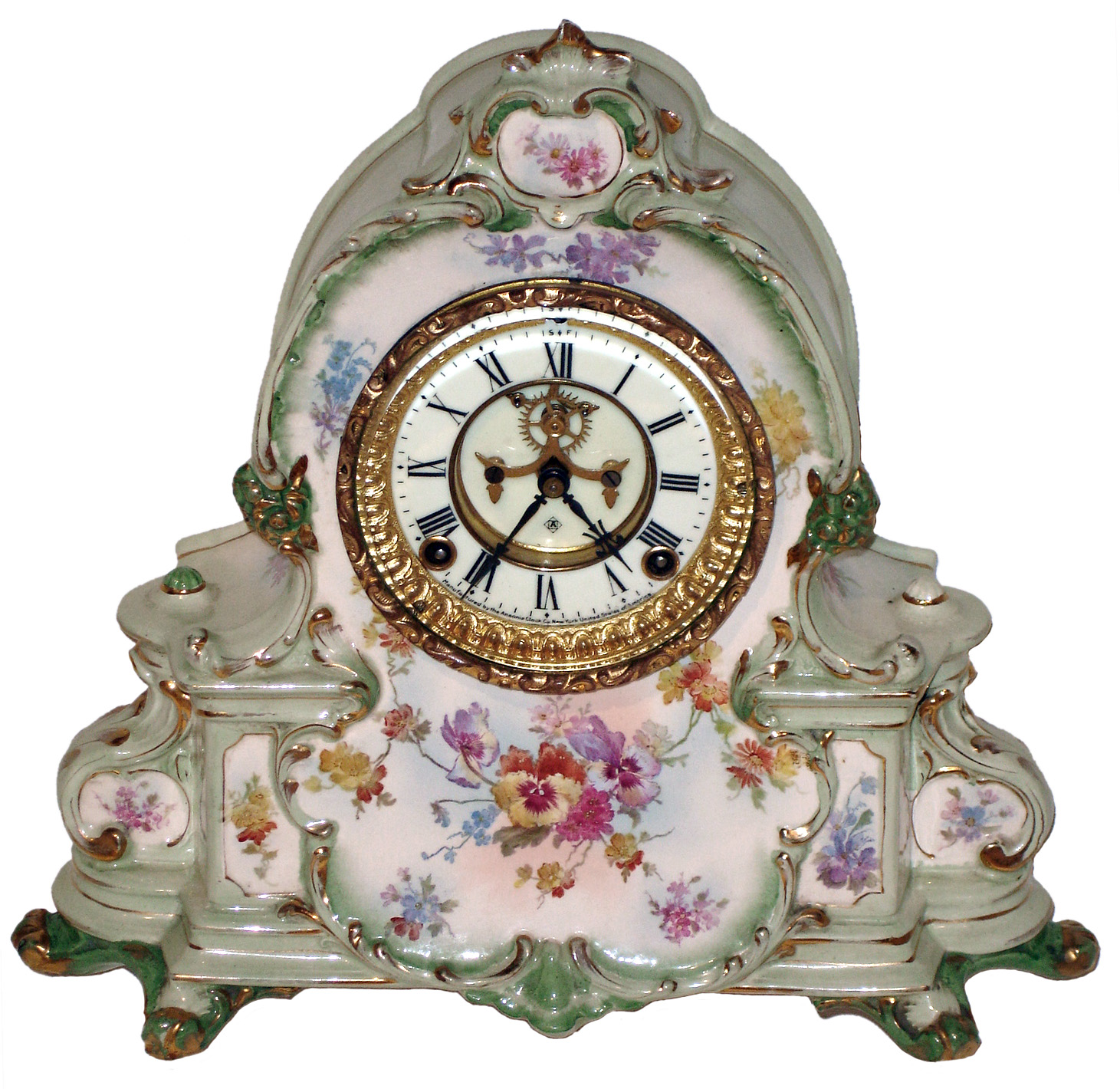 Ansonia Clock Co., New York, "La Manche" 8 days, time and gong strike porcelain mantel clock, with open escapement, c1904 — Antique Clocks Price Guide