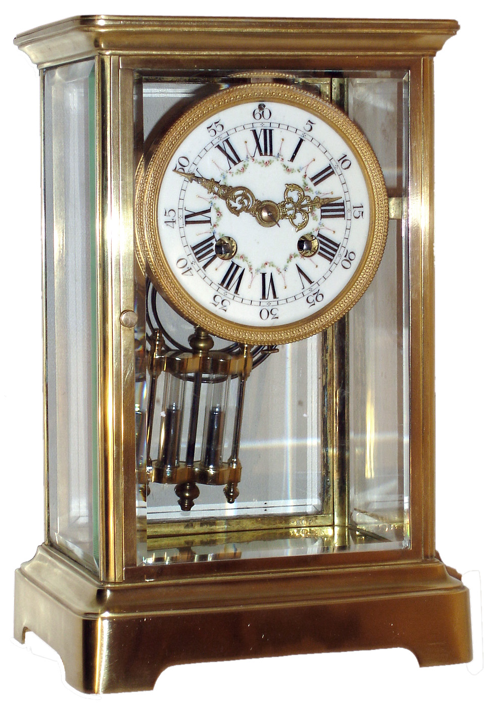 French 8 days, time and strike, lacquered brass and beveled glass crystal regulator, c1900 — Antique Clocks Price Guide