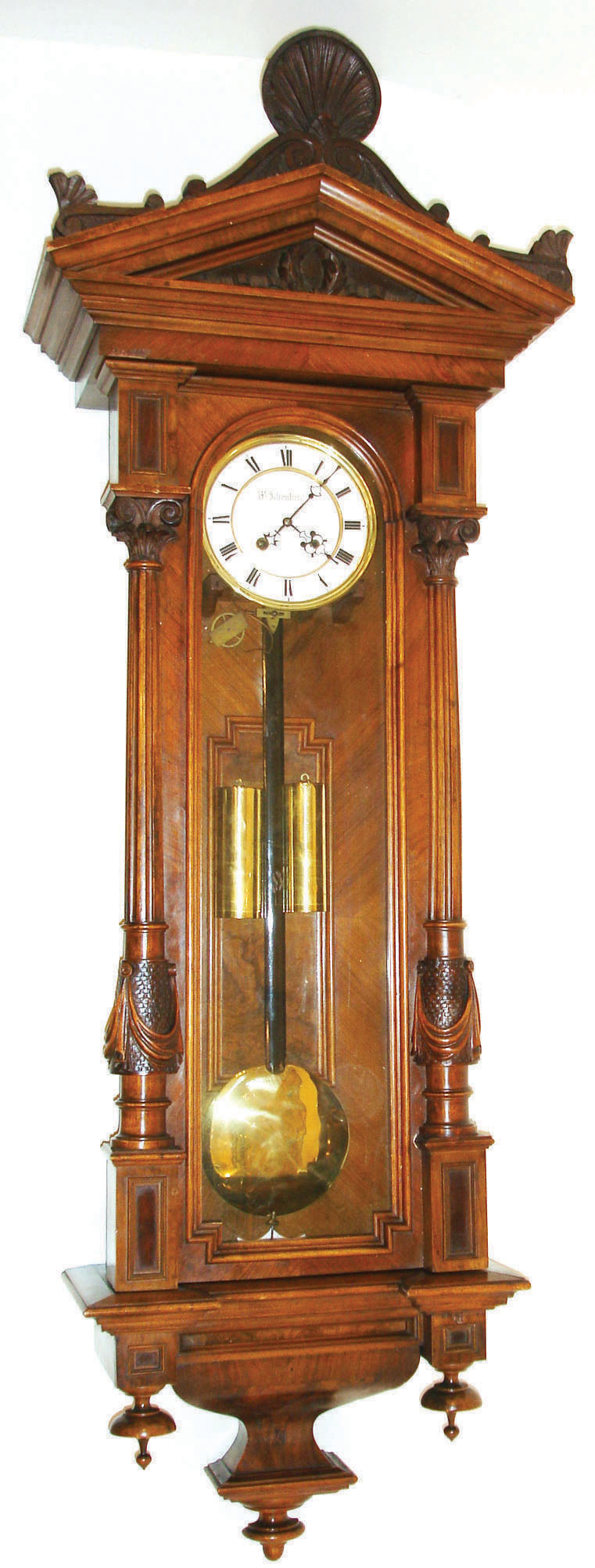 Austrian, W. Schonberger, Long Duration, 2-weight estimate 30 days+, unusual length, 66 beat Alt Deutsch case with lead chip filled bob, fine movement with maintaining power, winds to left, c1880 — Antique Clocks Price Guide
