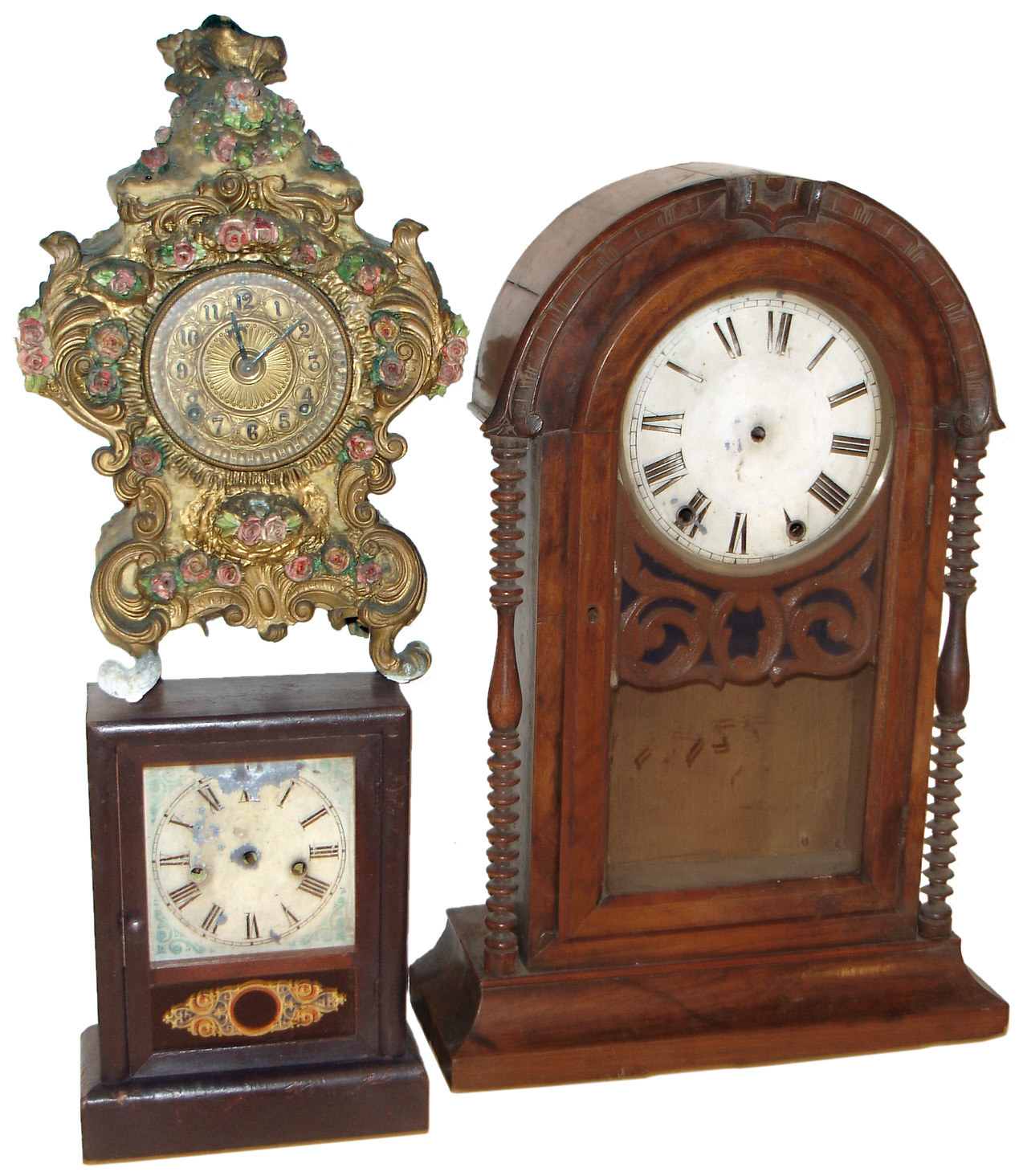 Clocks- 8 (Eight): French "Odo" oak 8 days, Westminster chime wall clock; Seth Thomas "Atlanta" city series 8 days, time and strike; Jerome &amp; Co. "Dandy Line" 8 days, time and strike, kitchen clock; Waterbury 30 hours, time and strike, cottage clock; Hamburg-American oak bracket clock case only; large walnut round-top shelf clock case with Seth Thomas, Plymouth, 8 days, time and strike, movement; Ansonia floral decorated cast metal 8 days, time and strike, mantel clock; Hamburg American movement in a custom made antler case — Antique Clocks Price Guide