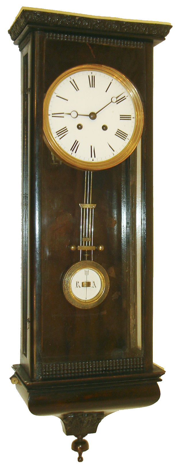 Germany, Vienna style wall regulator, 8 days, time and strike, spring driven movement in a transitional Biedermeier style walnut case with graining and ripple molding and white enamel dial and white enamel R/A pendulum bob, c1860 — Antique Clocks Price Guide