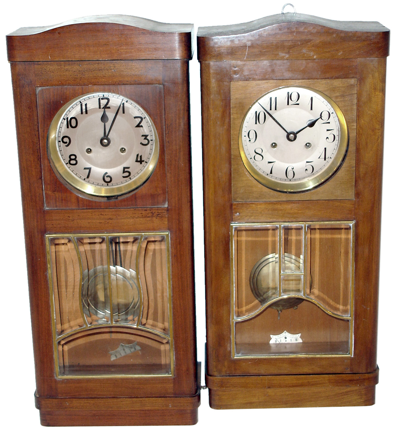 Clocks- 4 (Four) German wooden 8 days, time and strike, wall clocks, beveled glass in doors, early 20th century — Antique Clocks Price Guide