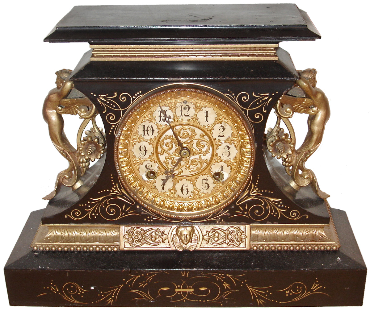 Ansonia Clock Co., New York, "Rosalind" 8 days, time and strike, enameled iron mantel clock, c1904 — Antique Clocks Price Guide