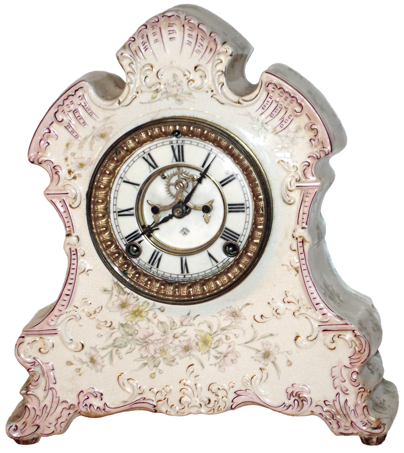 Ansonia Clock Co., New York, "Pequod" porcelain 8 days, time and strike, mantel clock with visible escapement, c 1900 — Antique Clocks Price Guide