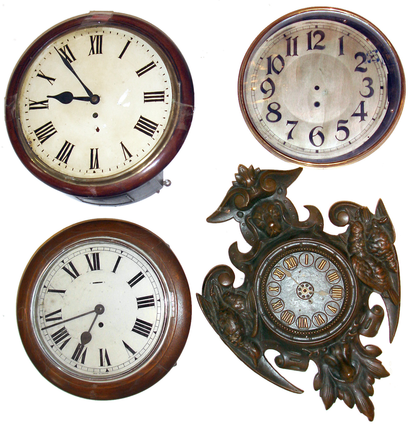 Clocks- 3 (Three) wall clocks plus one case: English dial with fusee; English dial with going barrel; fancy bronzed iron case; round Austrian brass and iron case only — Antique Clocks Price Guide