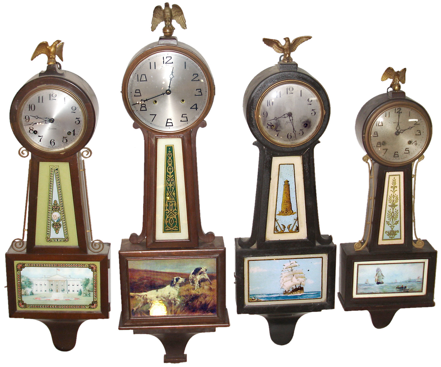 Clocks- 7 (Seven) American banjo 8 day: one unsigned weight driven; one 1978 Seth Thomas in original box; others by Gilbert, New Haven and Sessions — Antique Clocks Price Guide