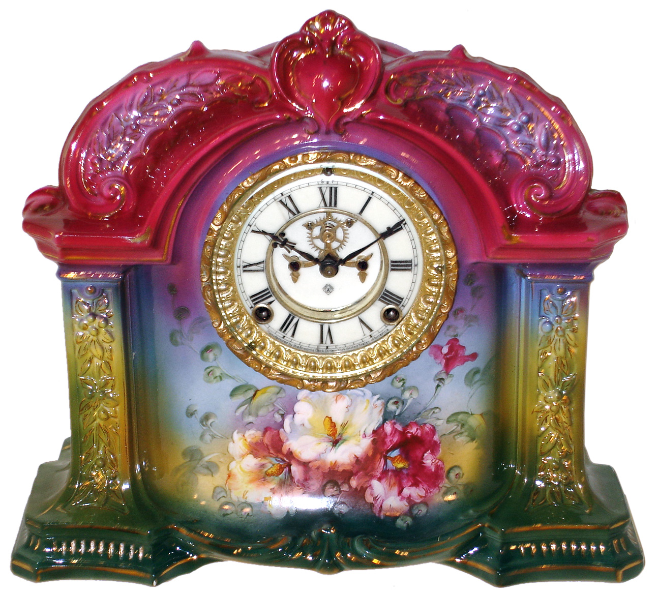 Ansonia Clock Co., New York, "La Orb" 8 days, time and strike, Royal Bonn porcelain mantel clock with visible escapement, c1904 — Antique Clocks Price Guide