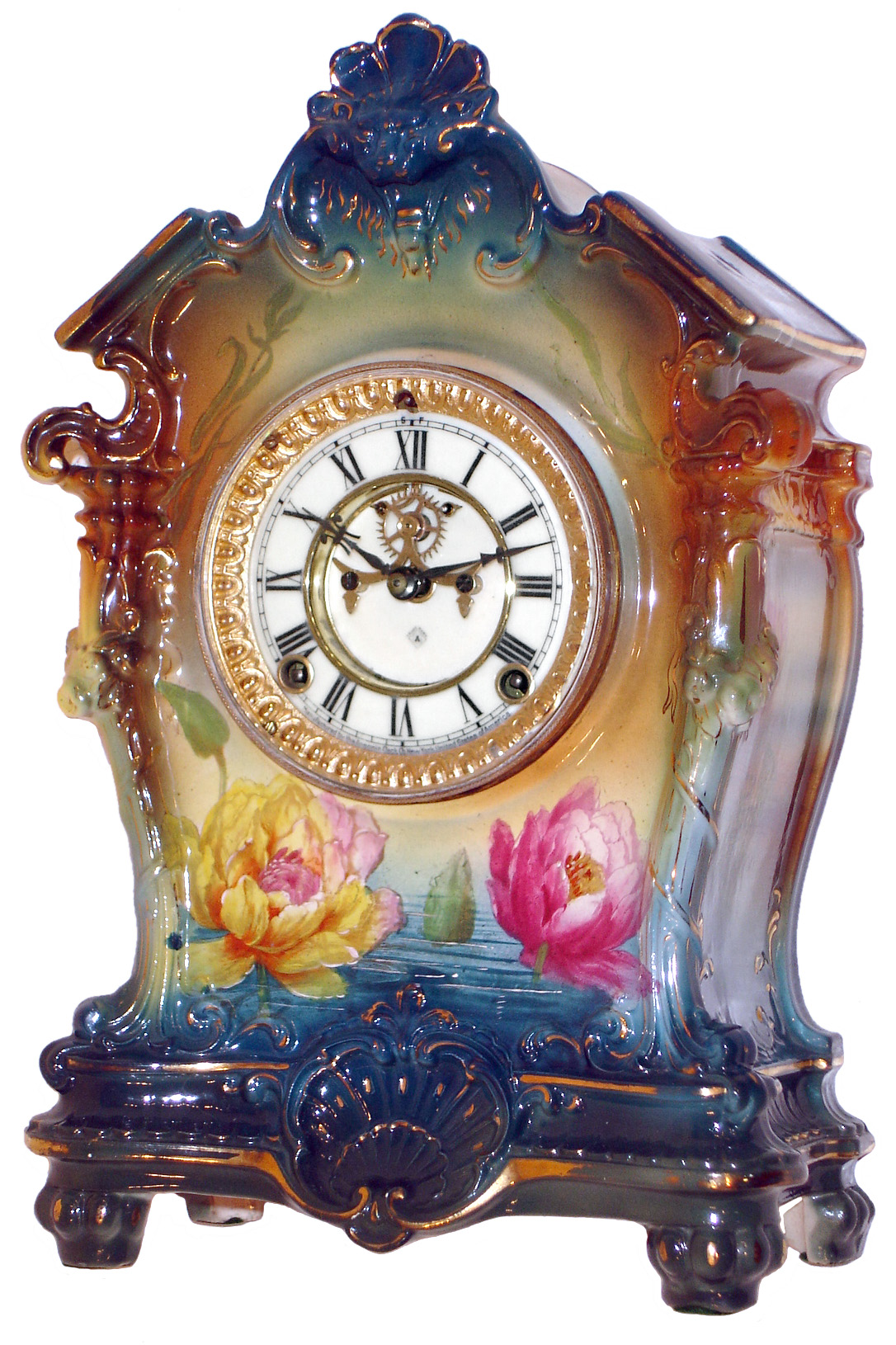 Ansonia Clock Co., New York, "La Tosca" 8 days, time and strike, Royal Bonn porcelain mantel clock with visible escapement, c1904 — Antique Clocks Price Guide