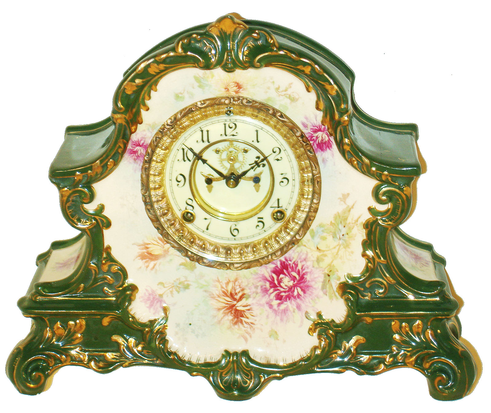 Ansonia Clock Co., New York, "La Nord" Royal Bonn porcelain 8 days, time and strike, mantel clock with visible escapement, c1900 — Antique Clocks Price Guide