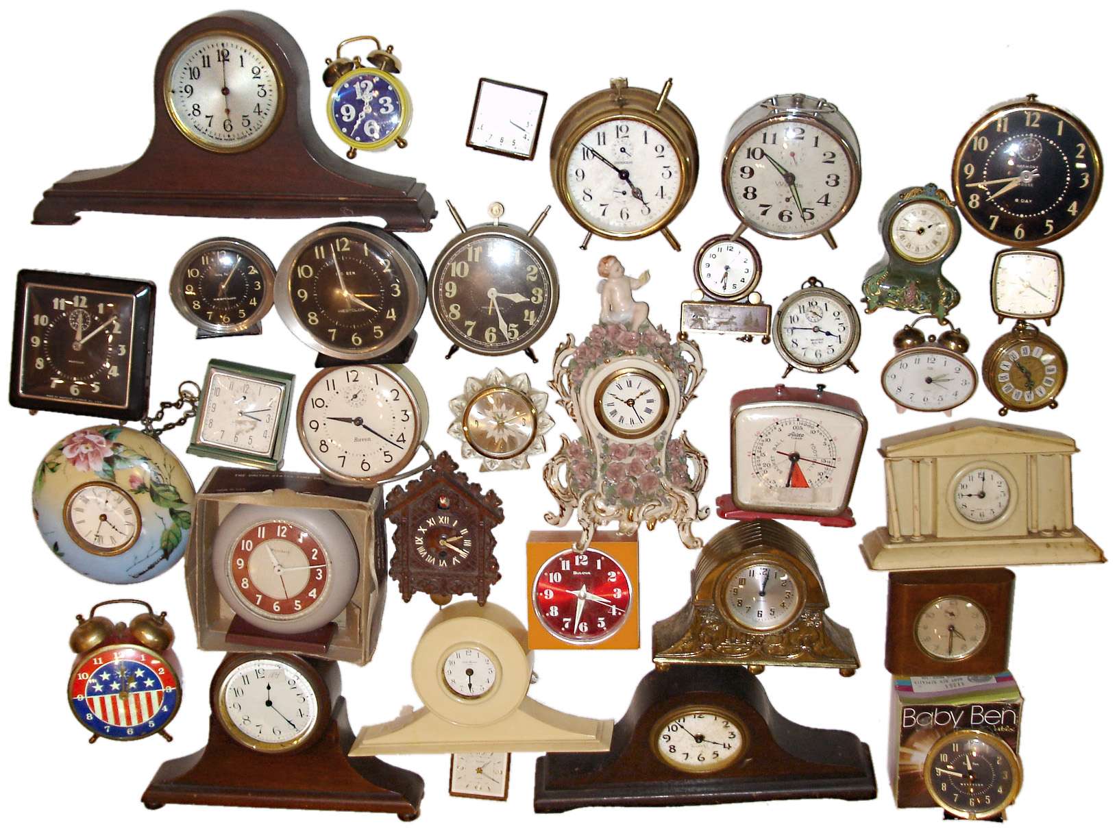 Clocks- 30+ (Thirty-plus) small mantel, novelty, and alarm clocks, mostly American 20th century — Antique Clocks Price Guide