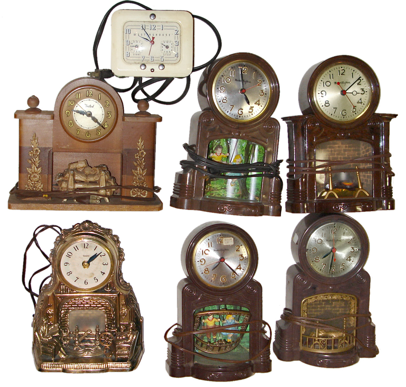 Clocks- 7 (Seven) animated plug-in electrics by Mastercrafters and United, also Westinghouse stove timer — Antique Clocks Price Guide