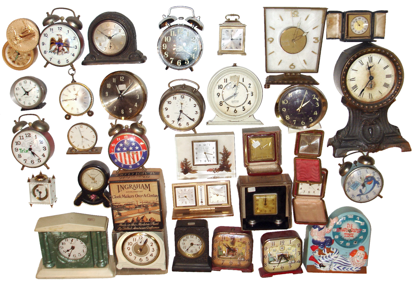 Clocks- 33 (Thirty-three) Alarm wind-ups, American and Swiss — Antique Clocks Price Guide