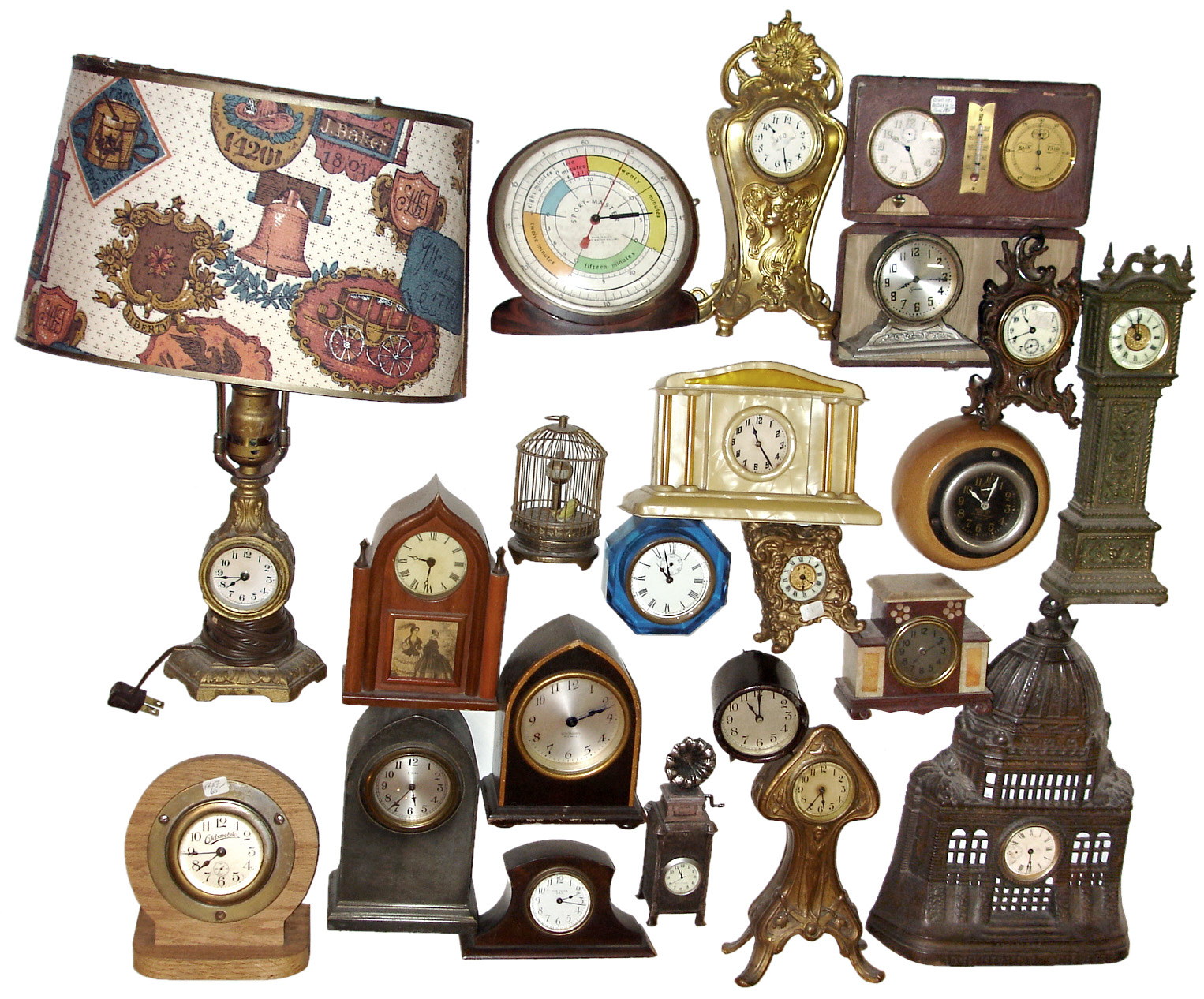 Clocks- 30+ (Thirty-plus) novelty, wall and travel wind-ups with cases in metal, plastic, wood, glass and leather — Antique Clocks Price Guide