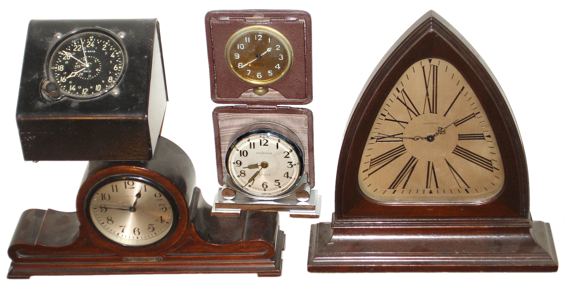 Clocks- 5 (Five) Waltham 8 days, jeweled movements including double-side partner's clock — Antique Clocks Price Guide