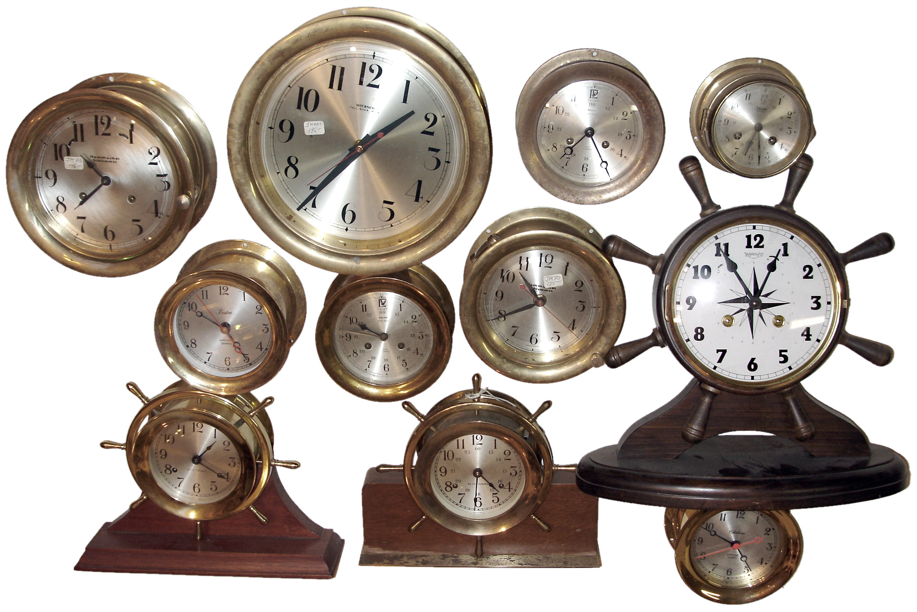 Clocks- 11 (Eleven) Marine including Chelsea and Boston quartz; and 8 days, Salem, Seth Thomas, Hammacher Schlemmer, New England Clock Co. — Antique Clocks Price Guide
