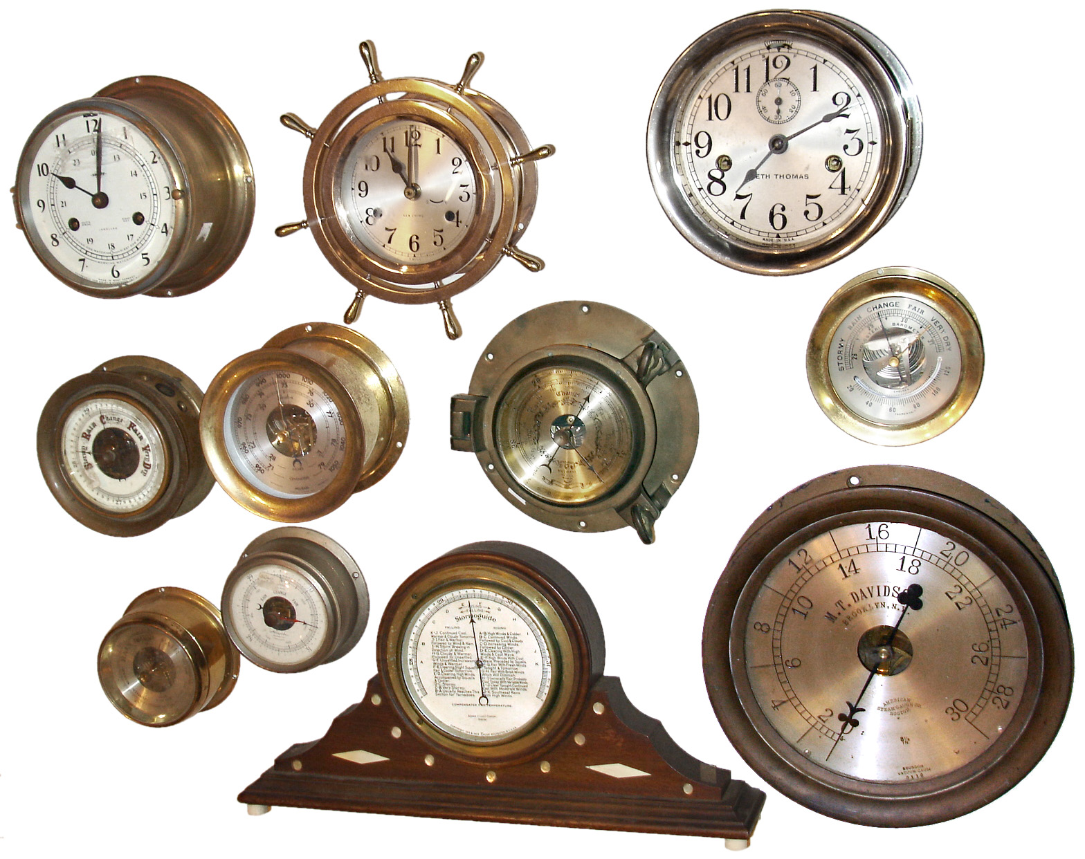 Marine Clocks, Barometers, Gauge- 11 (Eleven): Ship's clocks by Seth Thomas, Swiss, Swift &amp; Anderson; barometers by Chelsea, Boston, Airguide, etc. — Antique Clocks Price Guide