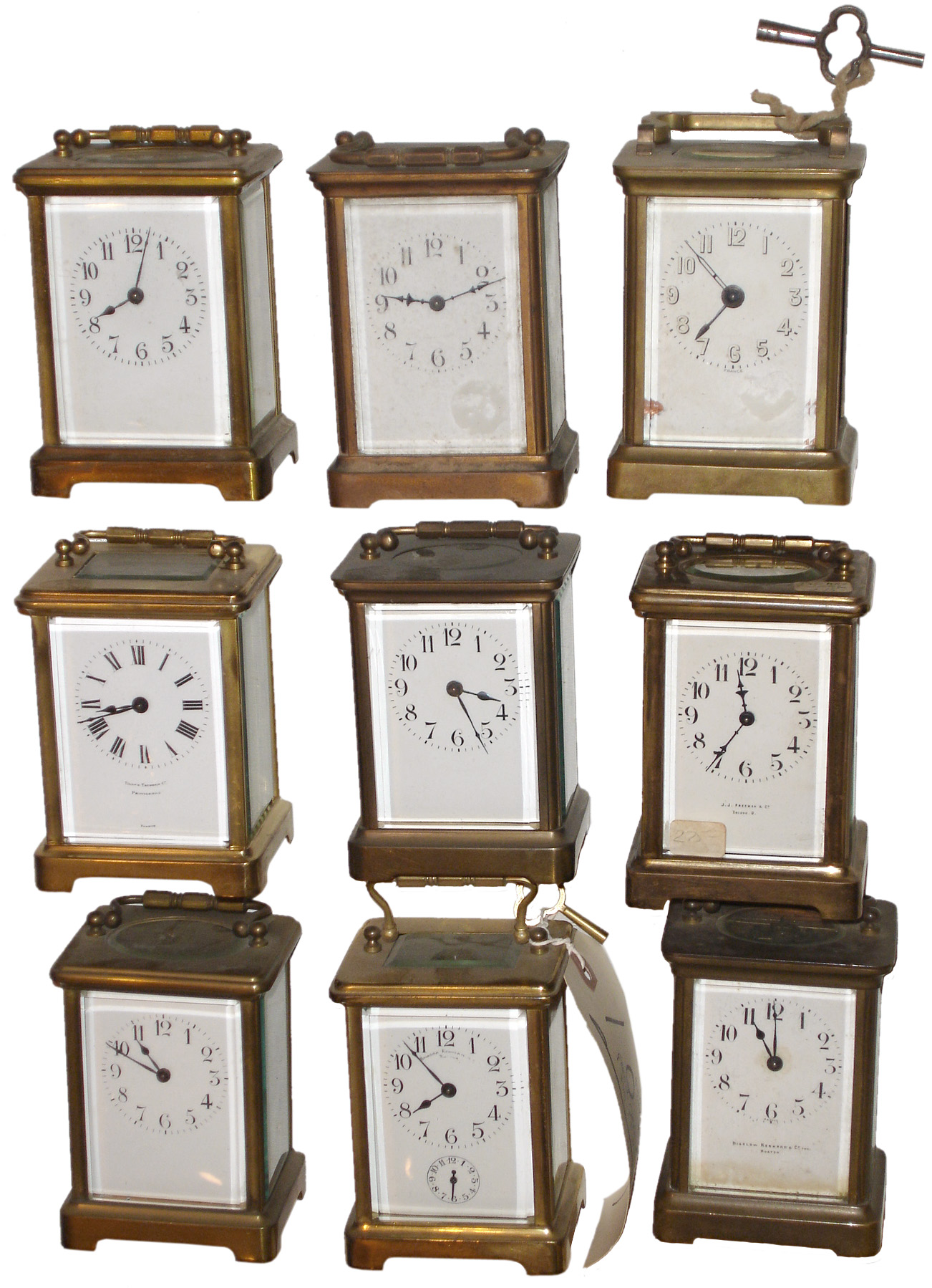 Clocks- 9 (Nine) Carriage French 8 days, one time/alarm and eight time-only; 4 cylinder platforms, 5 lever — Antique Clocks Price Guide