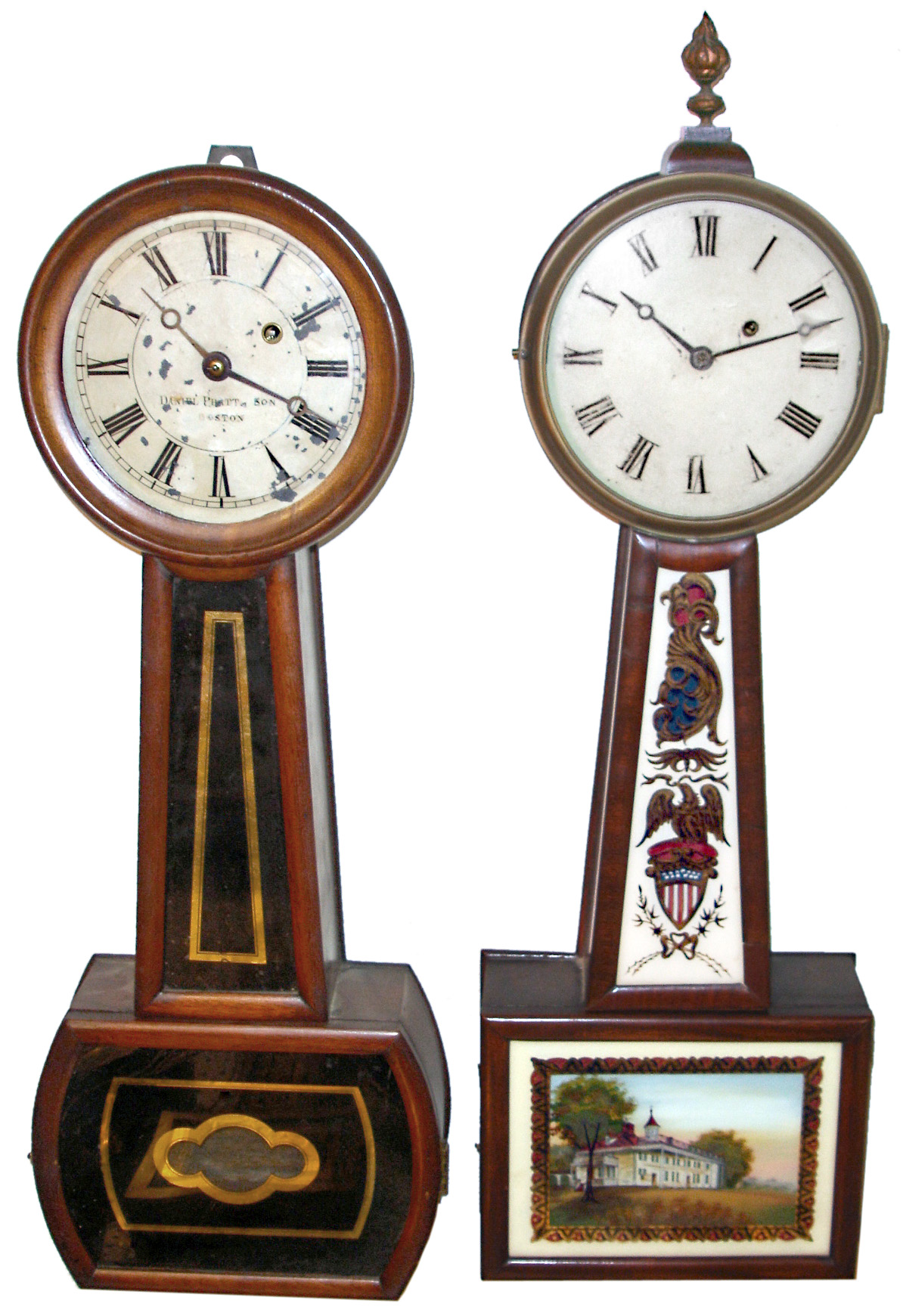 Clocks- 2 (Two) banjo 8 days, weight driven American wall clocks, Daniel Pratt &amp; Son dial, unsigned movements — Antique Clocks Price Guide