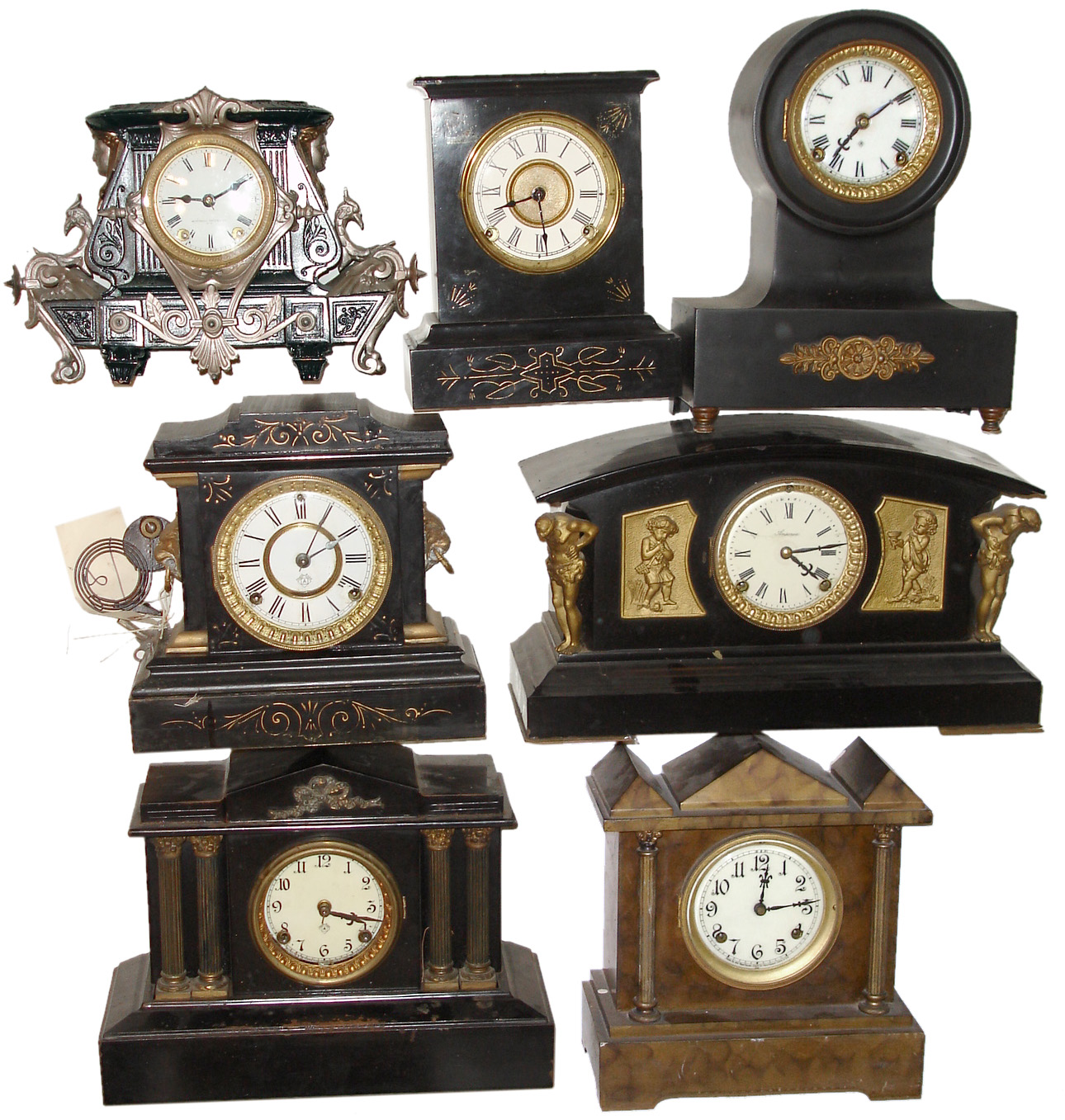 Clocks- 7 (Seven) enameled iron case American 8 days, time and strike, mantel clocks, early 20th century — Antique Clocks Price Guide