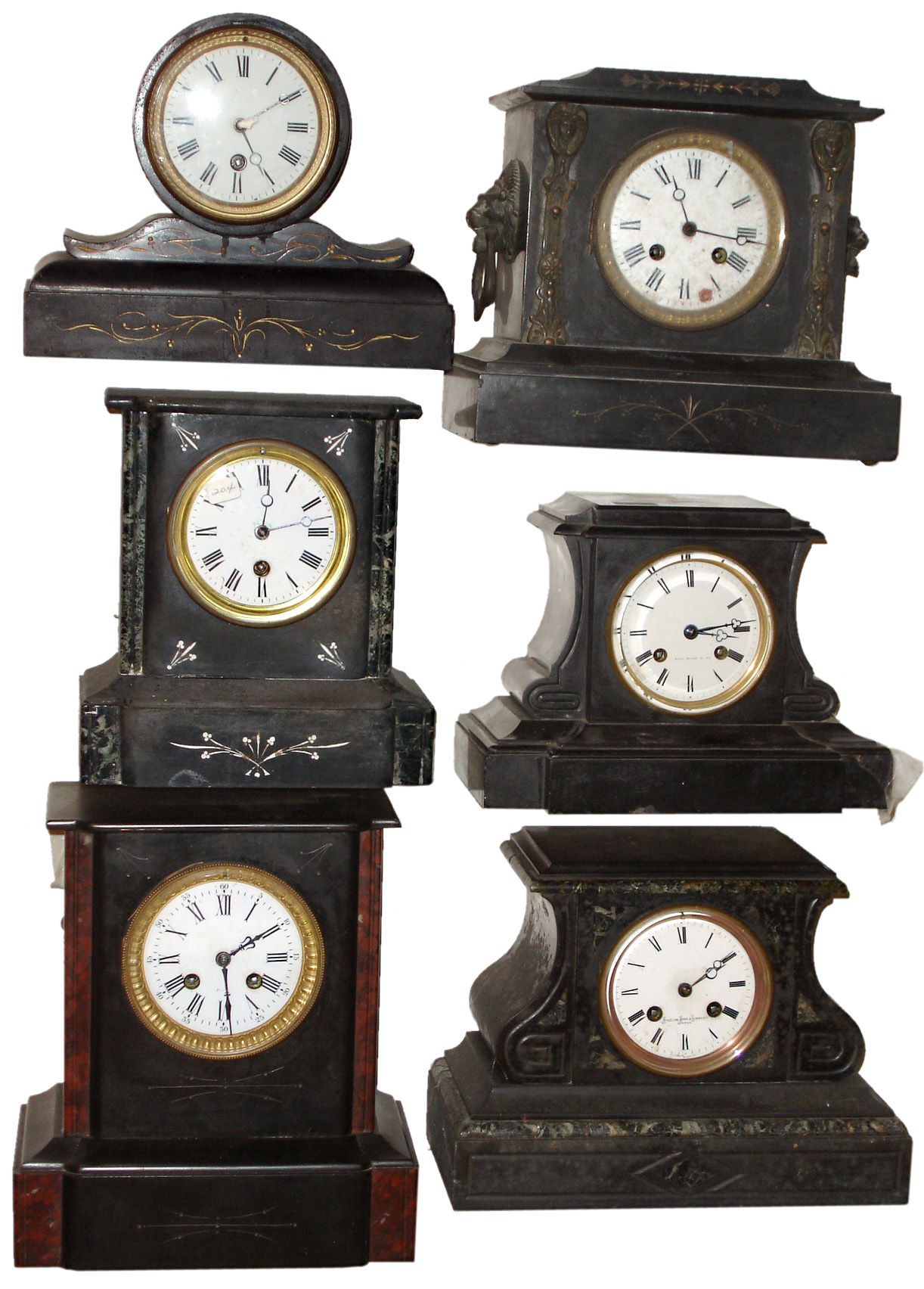 Clocks- 6 (Six) French black marble and slate mantel clocks: four time and strike; two time only. Late 19th century — Antique Clocks Price Guide