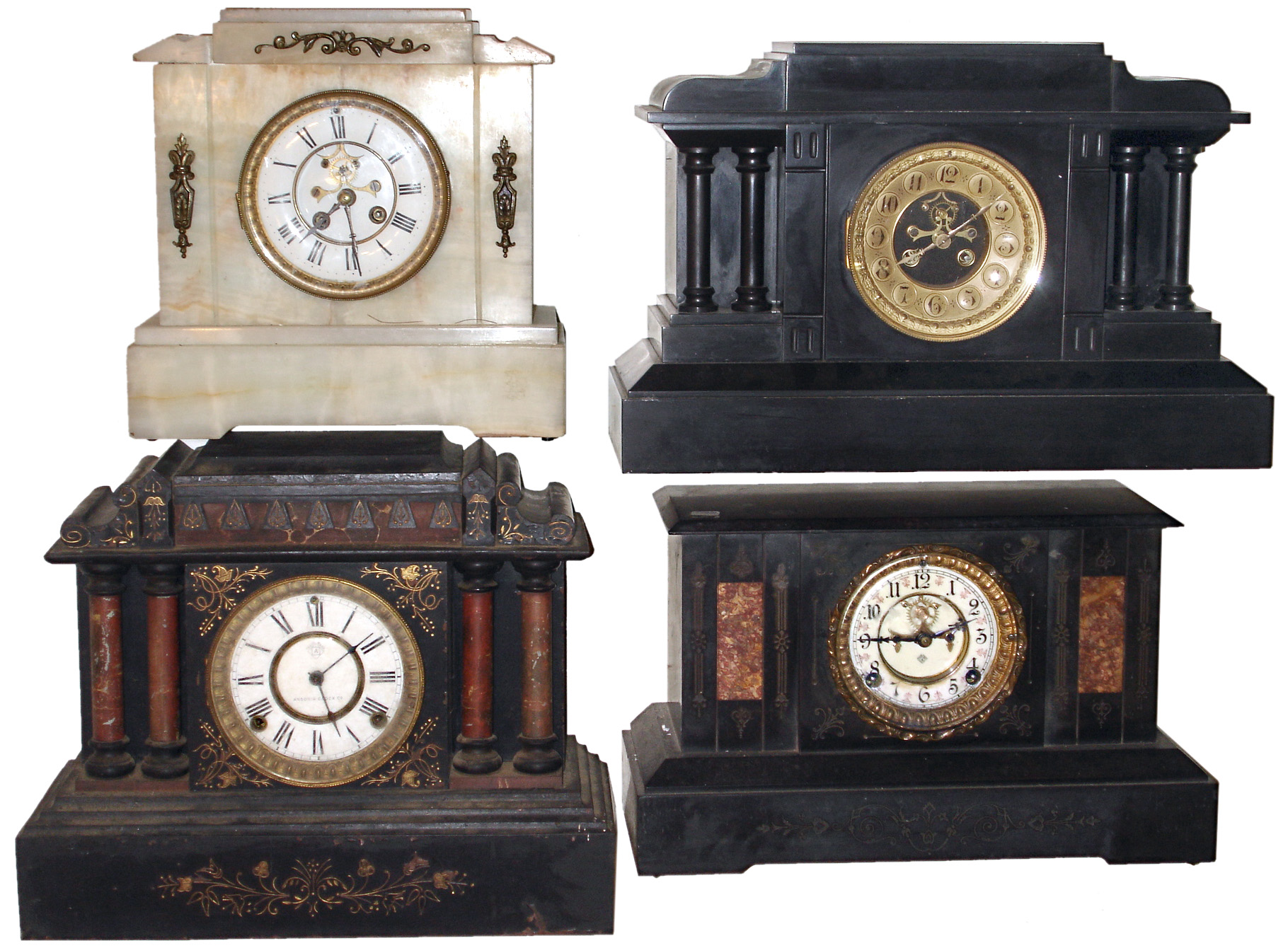Clocks- 4 (Four) 8 days, time and strike, mantel clocks: one French onyx; one French black slate, one Ansonia enameled iron, one Ansonia black slate; three with visible escapements; late 19th century — Antique Clocks Price Guide