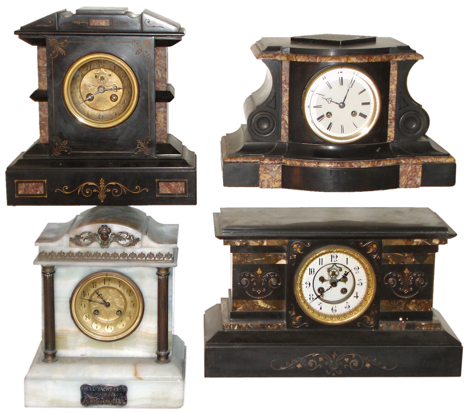 Clocks- 4 (Four) French 8 days, time and strike, marble mantel clocks, two with visible escapements, late 19th century — Antique Clocks Price Guide