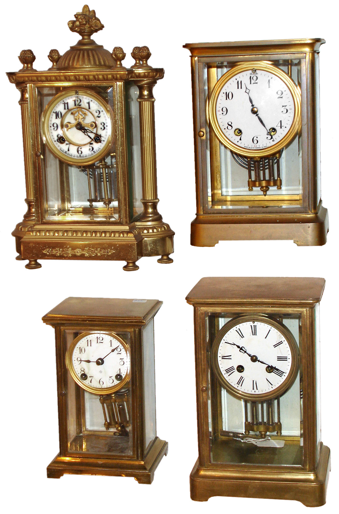 Clocks- 4 (Four) 8 days, time and strike, brass and glass crystal regulator mantel clocks: Seth Thomas, Waterbury "Dijon" with open escapement, Ansonia, and French, early 20th century — Antique Clocks Price Guide