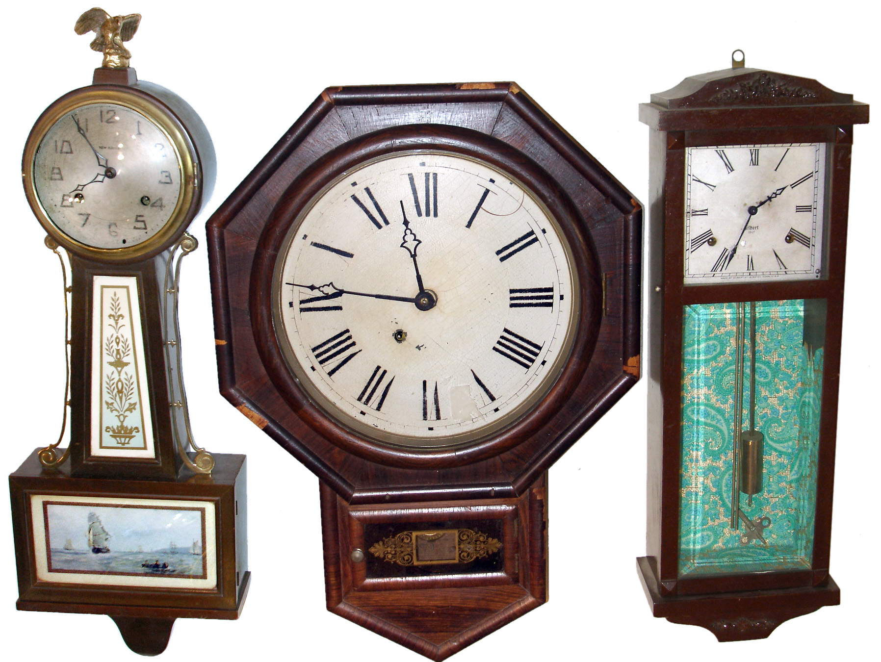 Clocks- 9 (Nine) American wall clocks: two advertising plug-in electrics; others 8 day, Ansonia, Gilbert "Hollywood", New Haven "Whitney", Sessions and Seth Thomas; 20th century — Antique Clocks Price Guide