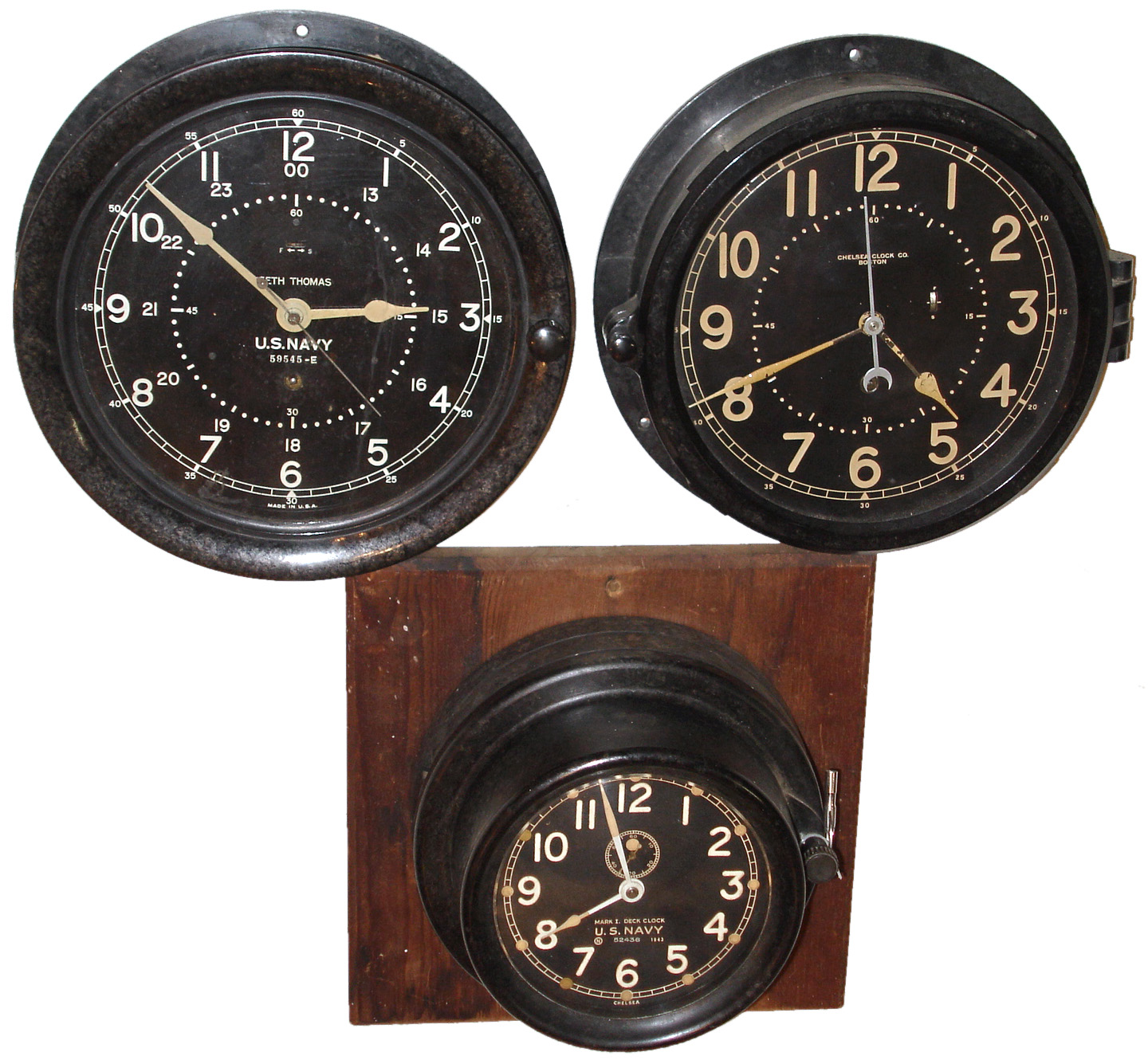 Clocks- 3 (Three) black dial and phenolic case 8 days, time only marine clocks: one Seth Thomas 8.5" dial; one Chelsea 8.5" dial; one Chelsea 6" with wall-mount plate. Mid 20th century — Antique Clocks Price Guide