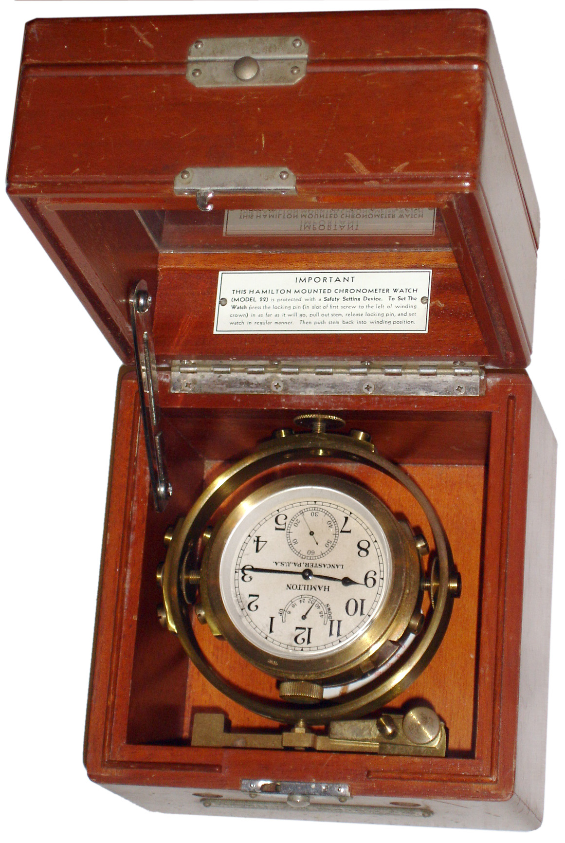 Hamilton Watch Co., Lancaster, PA, "Model 22" U.S. Navy 8 days, 21 jewel adjusted chronometer watch in mahogany gimbaled box, 1943 — Antique Clocks Price Guide