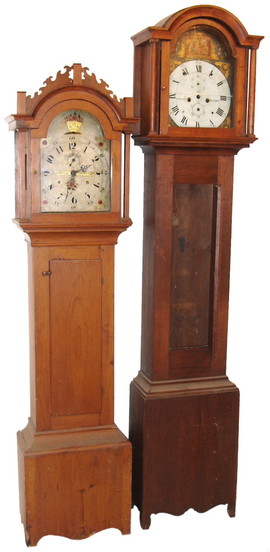 Clocks- 2 (Two) wood painted dial time and strike, tall clock clocks: Riley Whiting, Winchester, pine case 30 hours, wooden works; W. Buchan, Dundee, 8 days, hardwood Scottish; early 19th century — Antique Clocks Price Guide