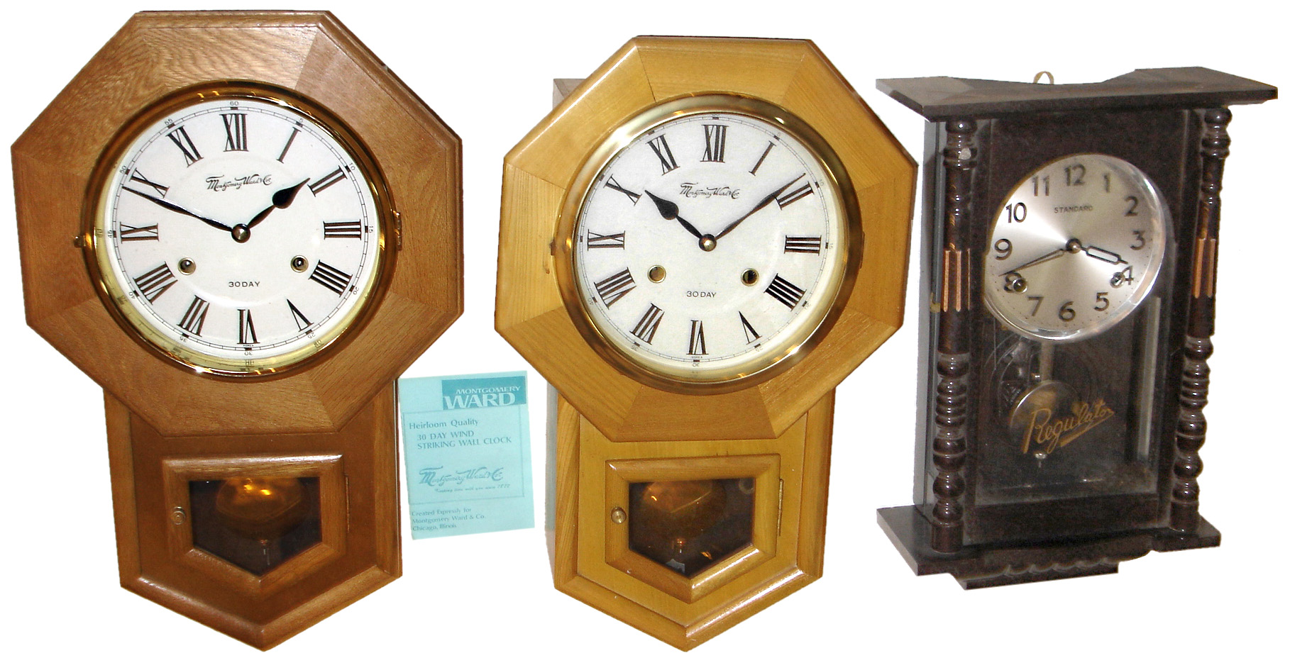Clocks- 5 (Five) reproduction 8 days, wooden wall clocks: two Korean Montgomery Ward 30-day time and strike, school clocks; Standard time and strike; Daneker 8 days, chiming large school clock; ornate double-dial time and calendar; late 20th century — Antique Clocks Price Guide