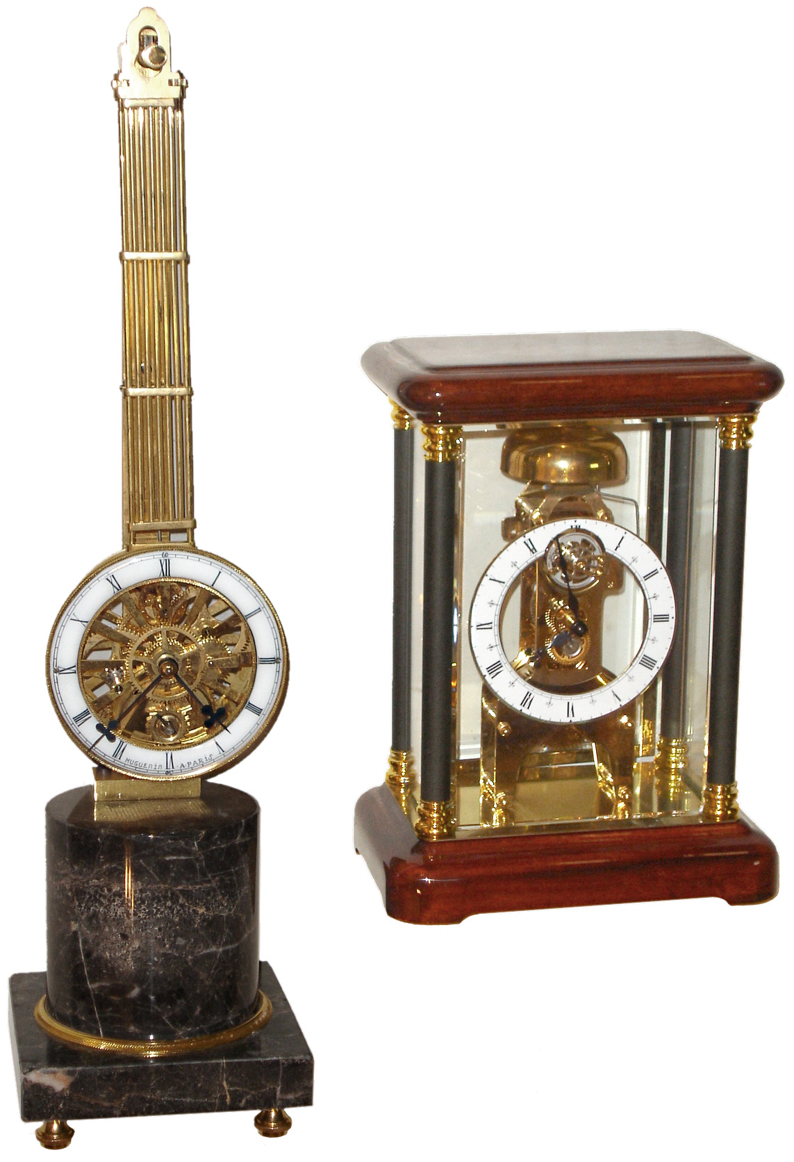 Clocks- 2 (Two) modern Chinese reproductions: Proclocks 11-jewel skeleton clock in crystal regulator case: brass and marble swinger with dial signed Huegenin a Paris, late 20th century — Antique Clocks Price Guide