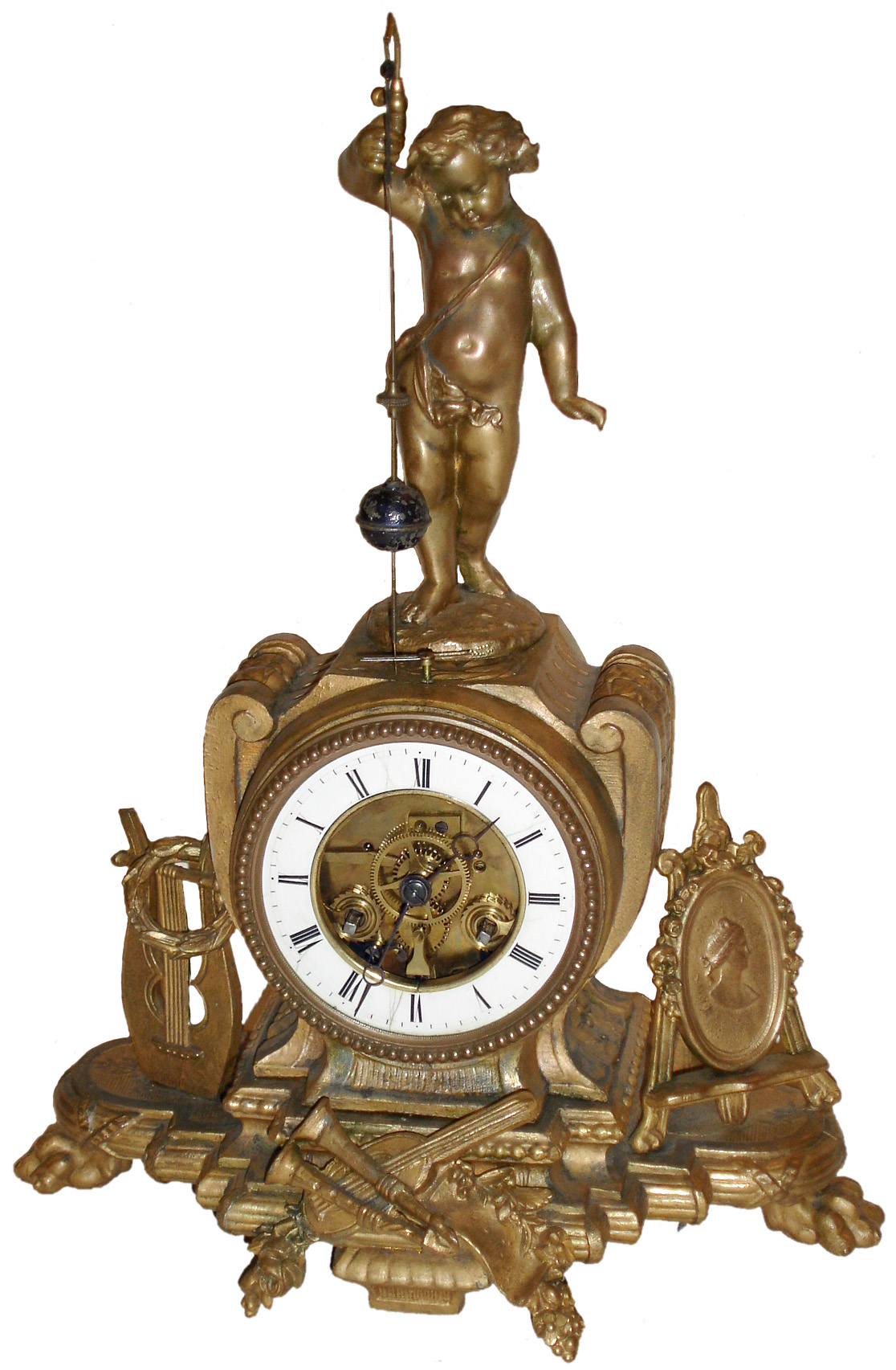 French conical pendulum cast metal 8 days, time and strike, mantel clock, musical motif, c1880 — Antique Clocks Price Guide