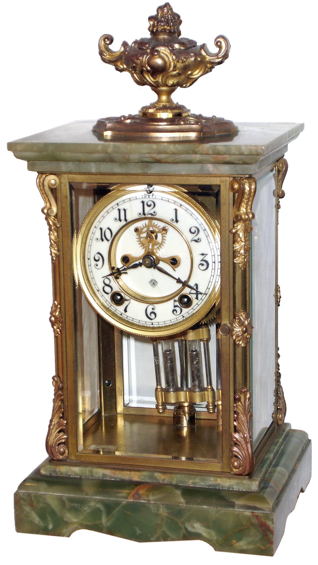 Ansonia Clock Co., New York, "Cosmo" 8 days, time and strike, brass and glass crystal regulator with green onyx top and base, visible escapement, c1914 — Antique Clocks Price Guide