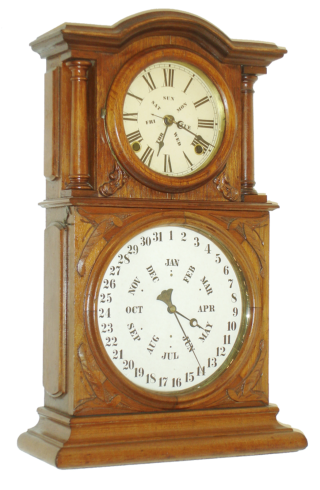 E. Ingraham &amp; Co., Bristol, Conn., "Ingraham Calendar", 8 days, time and strike, walnut double dial calendar clock, c1881 — Antique Clocks Price Guide