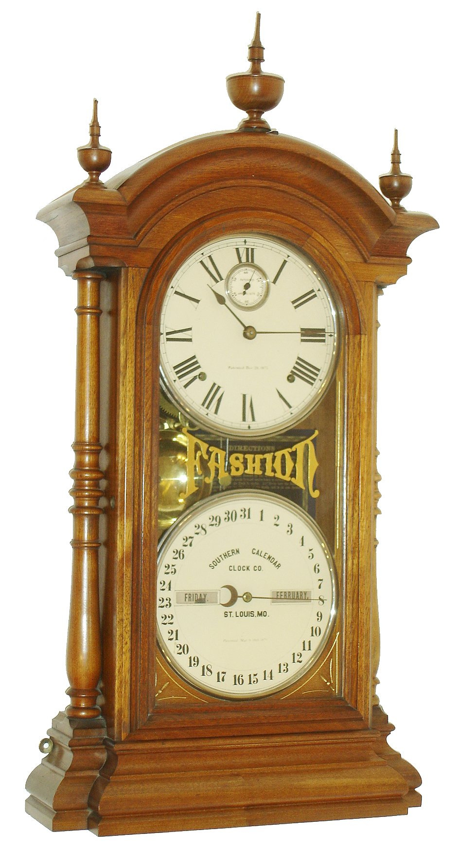 Southern Calendar Clock Co., St. Louis, MO, "Fashion No. 4" 8 days, time and strike, double dial calendar shelf clock, c1884 — Antique Clocks Price Guide
