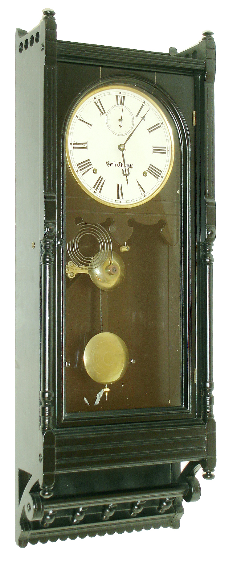 Seth Thomas Clock Co., Thomaston, Conn., "Queen Anne", 8 days, time and strike, ebonized case wall clock, c1883 — Antique Clocks Price Guide
