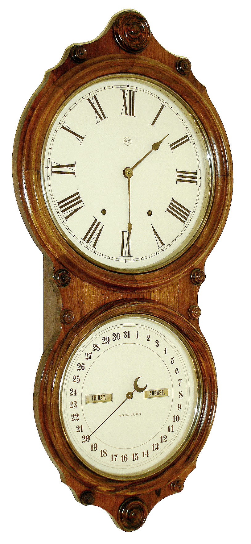 Seth Thomas Clock Co., Thomaston, Conn., "Office Calendar No. 6", 8 days, time and strike, double dial calendar wall clock, c1888 — Antique Clocks Price Guide