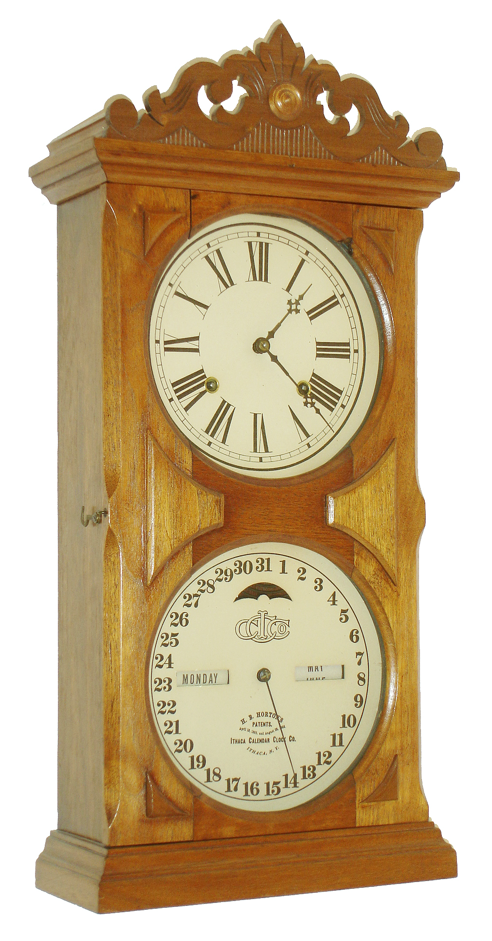 Ithaca Clock Co., Ithaca, NY, "No. 10 Farmer's", 8 days, time and strike, double dial calendar clock, c1880 — Antique Clocks Price Guide