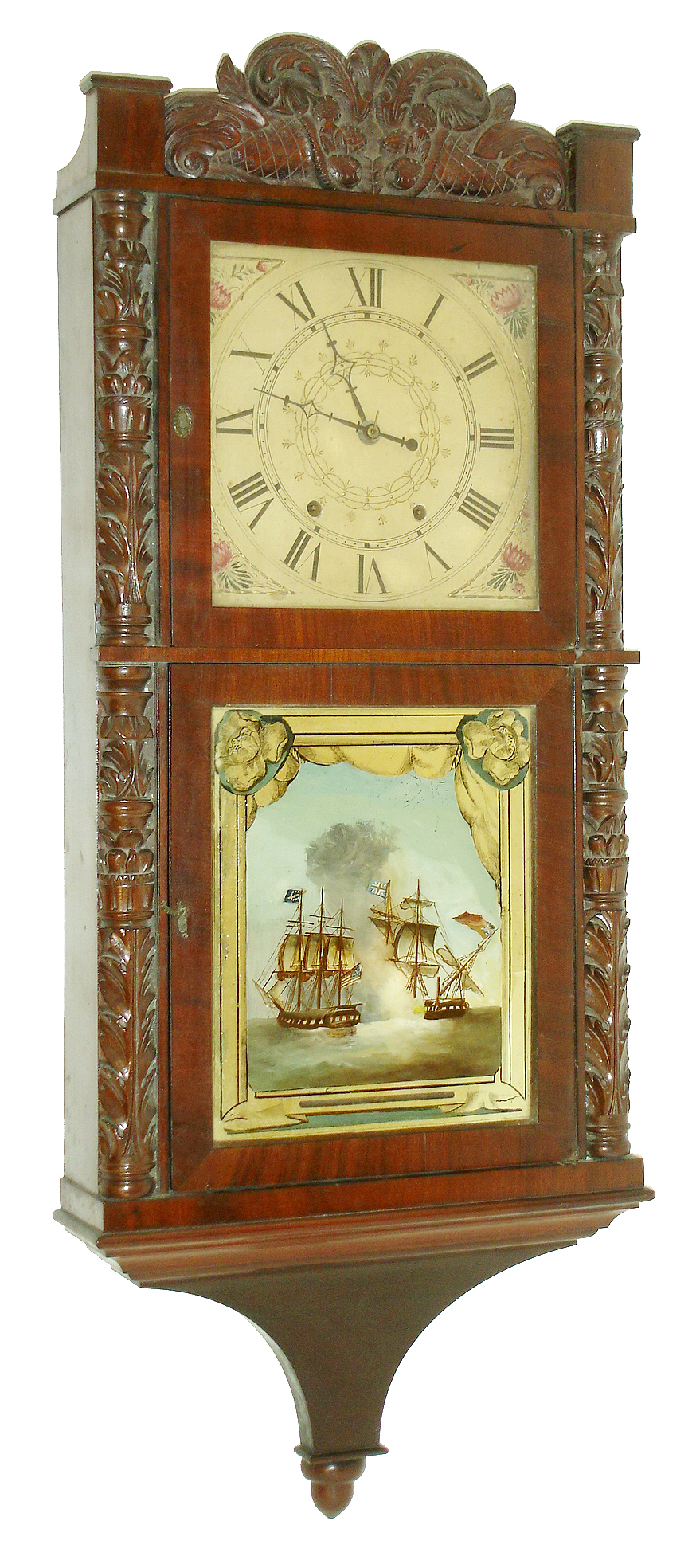 Seymour, Hall &amp; Co., Unionville, Conn., 8 days, time and strike, weight wood movement carved column and splat shelf clock, c1835 — Antique Clocks Price Guide
